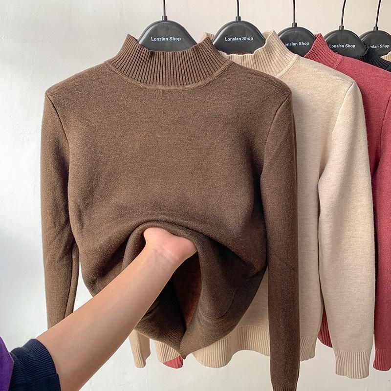 Damen-Rollkragenpullover aus Strick mit Fleecefutter – weicher und warmer Winterpullover mit plüschiger Innenschicht, gemütliches Design mit halbem Stehkragen für kaltes Wetter_voghion.com