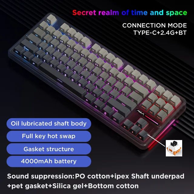AULA F87 Pro Mechanical Keyboard, 2.4 G/USB/Bluetooth, Tri-Mode, Wireless, 87 Keys, RGB PBT Seal, 5-Layer Sound Damping, Full Key, No Effects_voghion.com