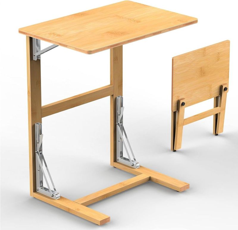 24'' Folding TV Tray Table, Bamboo C Shaped End Table For Couch, Small Sofa Side Laptop Desk_voghion.com