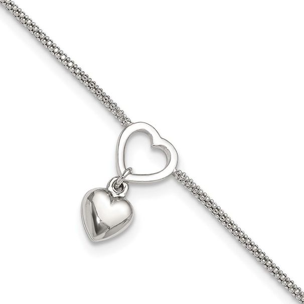 Sterling Silver Rhodium-plated Heart Dangle Charm 9in W/1in Ext Anklet_voghion.com