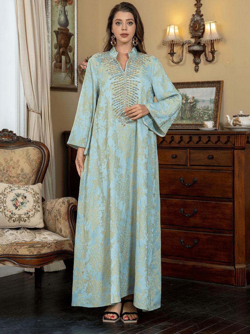 Muslim Jacquard Embroidered Dress Beaded Fashionable Ladies Robe Abaya_voghion.com