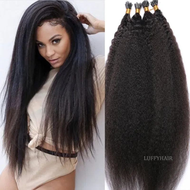 Capelli umani indiani Remy I Tip Capelli 100 fili Kinky Straight Keratin I Tip Microlinks Pacchetti di capelli umani Extension_voghion.com