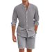 Adatto a tutte le stagioni, camicia da uomo in lino con bottoni, pantaloncini a maniche lunghe, cardigan, semplice e casual, completo da spiaggia._voghion.com