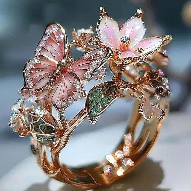 Ready Stock Damen Offen Verstellbar Rosa Vintage Mode Zarte Flash Diamant Tropfen Schmetterling Blume Ring Schmuck Geschenke Für Frau_voghion.com