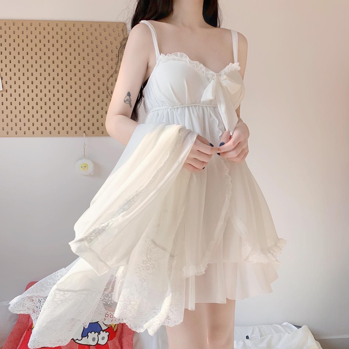 Spring Summer New Princess Sweet Homewear Waist-Cinching Base Layer Single Strap Nightdress Two-Piece Set Short Style_voghion.com