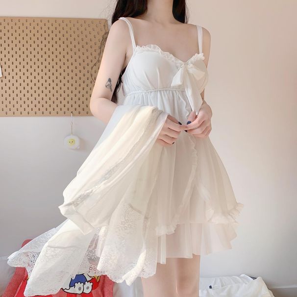 Spring Summer New Princess Sweet Homewear Waist-Cinching Base Layer Single Strap Nightdress Two-Piece Set Short Style_voghion.com