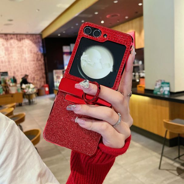 Per Samsung Galaxy Z Flip 4 5 5G Custodia per telefono con supporto per pietra di diamante placcata in oro con glitter di lusso_voghion.com