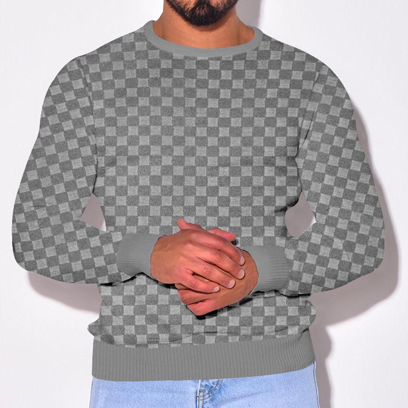 Unbeatable Quality Men's Autumn And Winter Men's T-shirt Jacquard Checkerboard Round Neck Knitted Sweater Base Long Sleeved Sweatshirt_voghion.com
