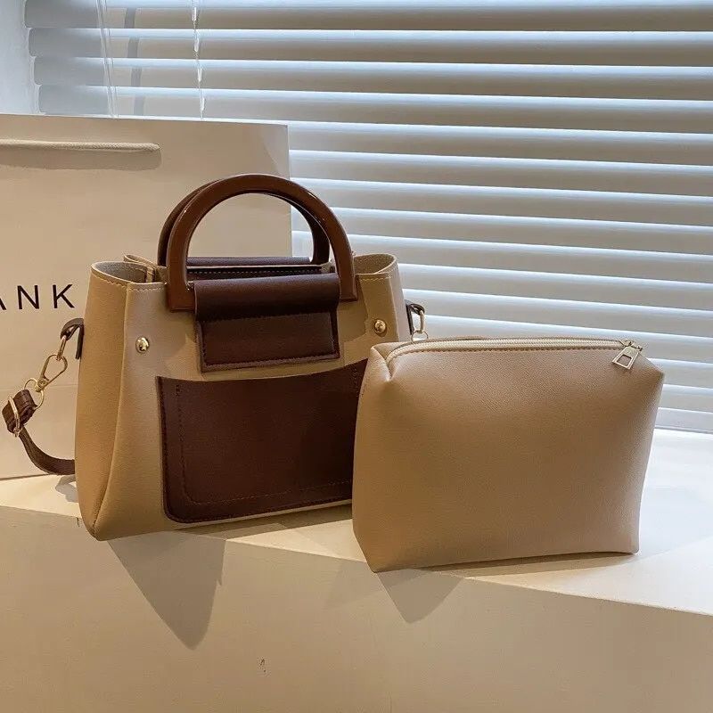 Damen Handtasche mit Kontrastfarbe, 2-teiliges Set, Boston-Stil, modisch, geeignet für Mütter_voghion.com