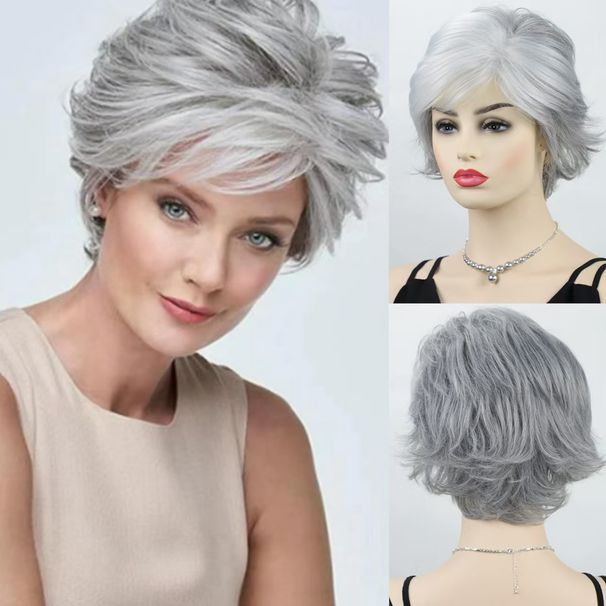 Synthetische Clip-in-Perücken Damen Kurz Lockig Silbergrau Oma Grau Reverse Curling Kopfschmuck Rose Network_voghion.com