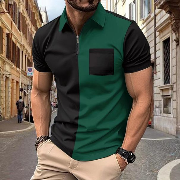 Roupas masculinas Camisa polo Bolso no peito Cor combinando Zíper Moda casual Manga curta Camiseta_voghion.com