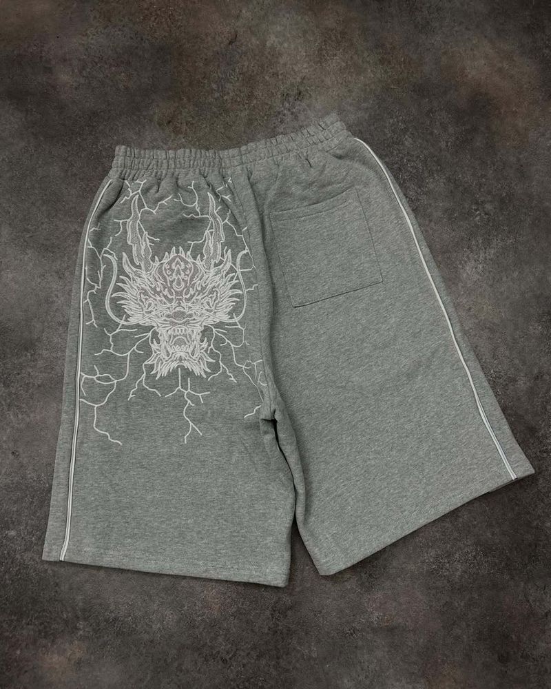 ​​Y2K Retro Dragon Embroidery Men's Shorts - Hip Hop Streetwear Casual Elastic Waist Loose Fit Breathable Polyester (Grey/Black) - S/M/L/XL​​_voghion.com
