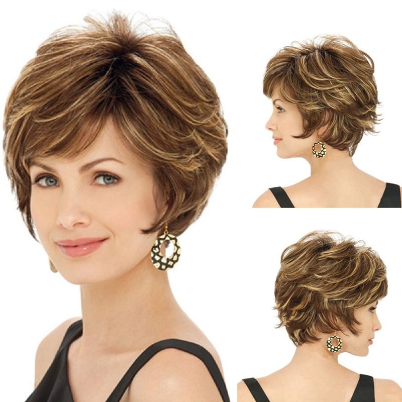 wigs women's short curly mixed color wigs brown and golden color wigs one piece_voghion.com