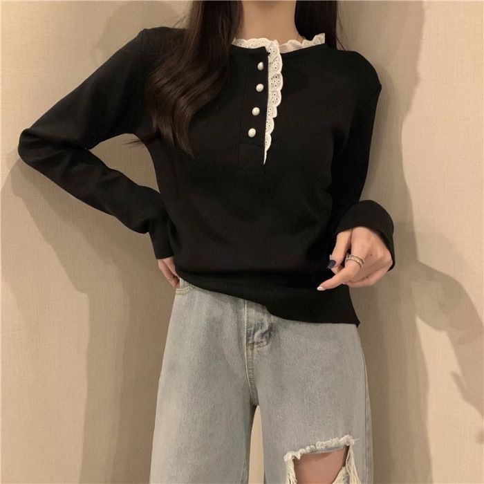 Dolce maglione in stile western con design unico, maglia a maniche lunghe con base in albicocca e pizzo con orecchie di legno, autunno e inverno_voghion.com