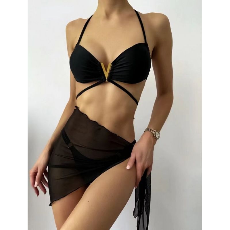 Bikini Shoulder Set - High-Waist & Deep V Neck (Three Piece Adjustable Straps Solid Color Black Monochrome)_voghion.com