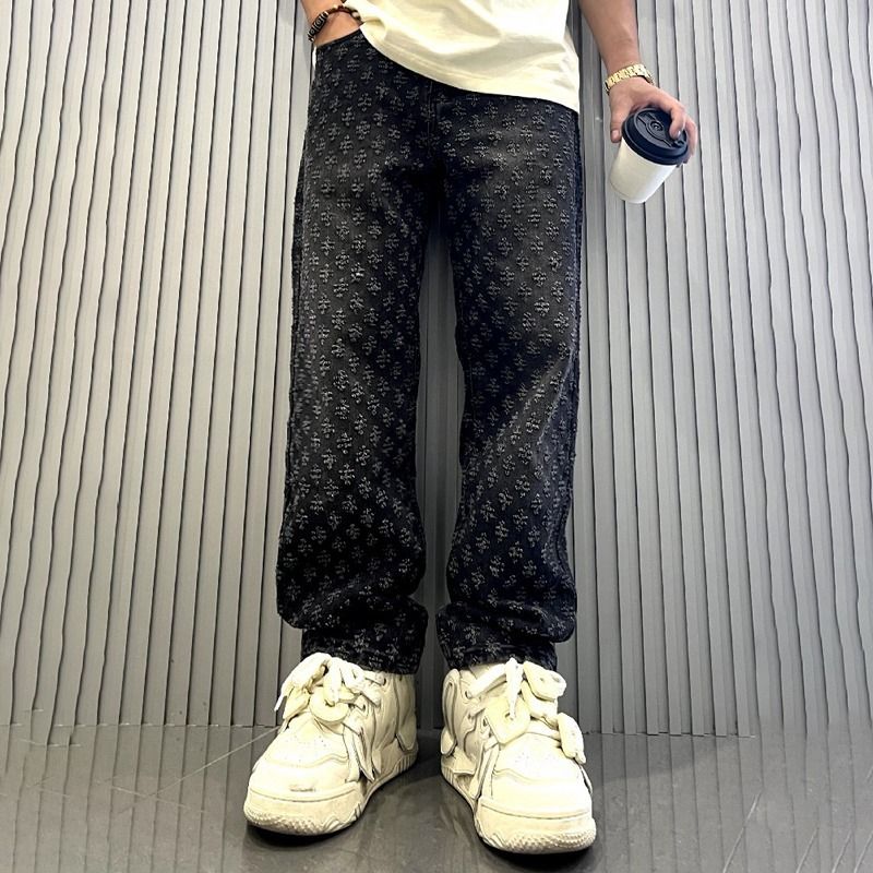 Men's Clothing Print High Street Fashion Brand Ins Design Jeans Loose Straight Washed Wide Leg Long Pants_voghion.com