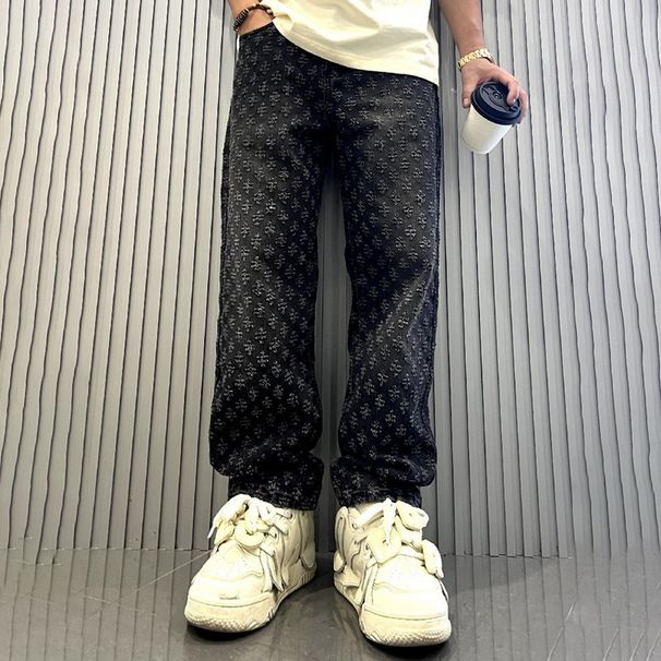 Men's Clothing Print High Street Fashion Brand Ins Design Jeans Loose Straight Washed Wide Leg Long Pants_voghion.com