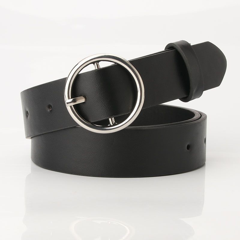 simple and versatile black student jeans with classic round buckle belt  _voghion.com