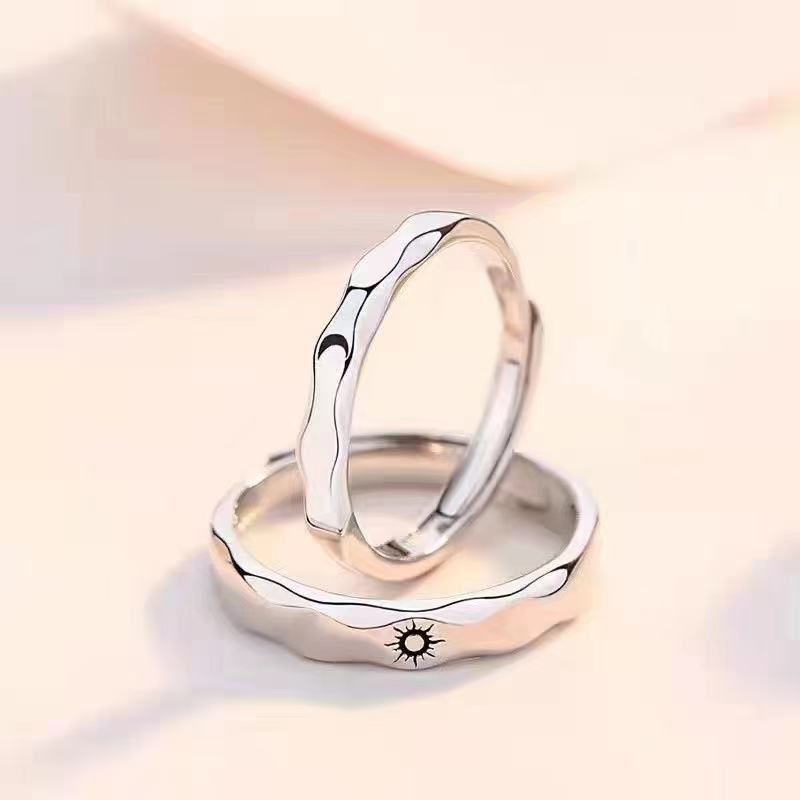 Güneş ve Ay Çift Yüzükler Gümüş Bir Çift Gevşek Toka Aşk Jetonları Niş Tasarım Uzun Mesafe İlişki Açık Yüzükler_voghion.com
