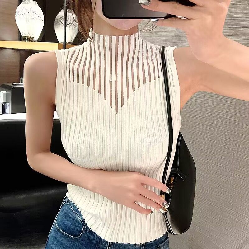 Damen Halber Rollkragenpullover Hohlstrick Kleine Weste Mesh Spleißen Innenbekleidung Hosenträger Pullover Weste Enganliegend Ärmellos Mittelhals Unterteil_voghion.com