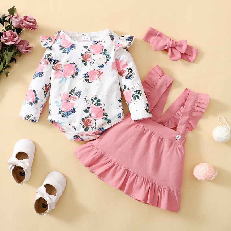 Girls Spring and Autumn 2024 New Korean Style Popular Flower Printed Long-Sleeved Top + Solid Color Suspender Skirt Three-piece Set_voghion.com