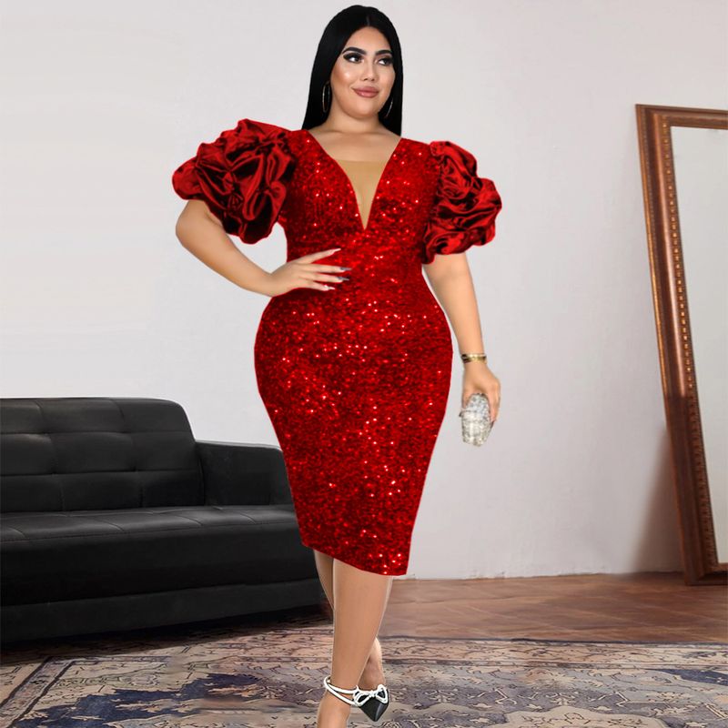 Abito sexy con maniche in pile con scollo a V, vita alta, abiti con paillettes sul retro_voghion.com
