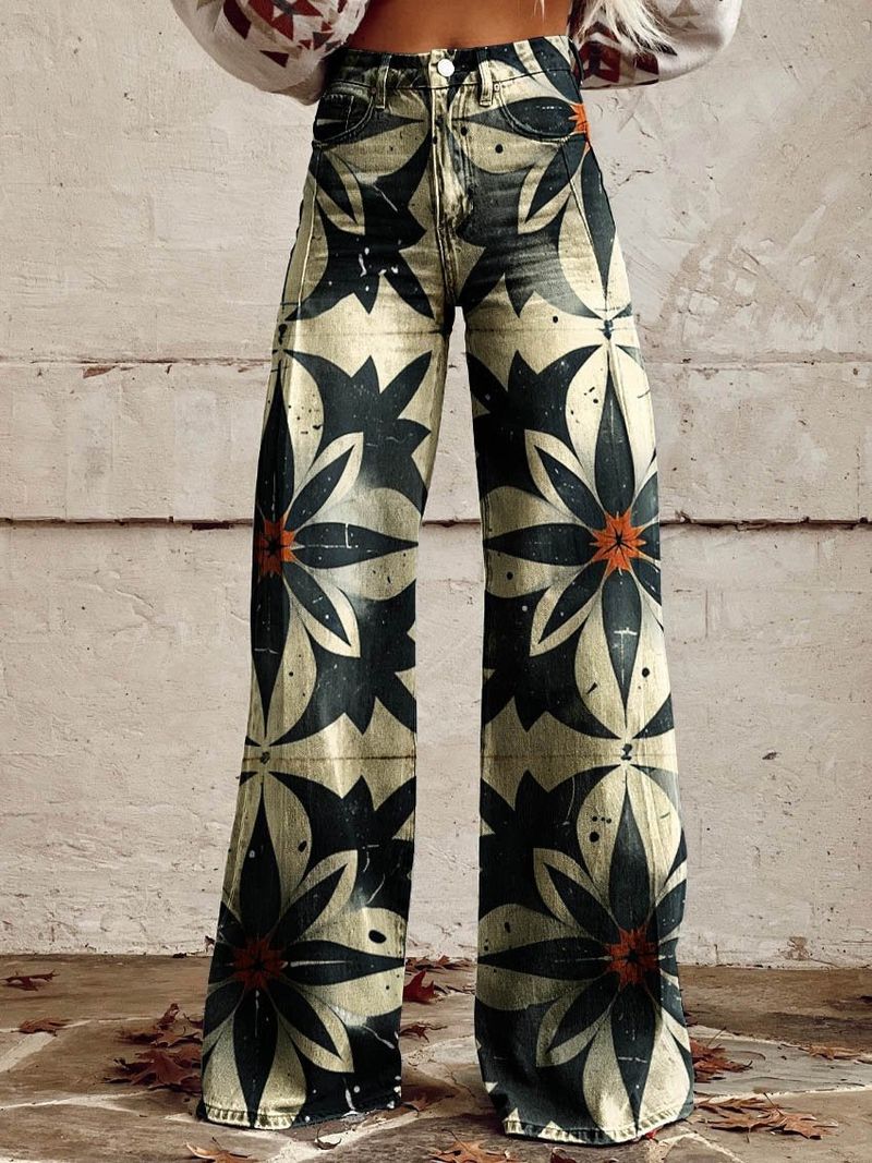 Women's Clothing Casual Trousers Trendy Jeans Bell Bottom 3D Printed Twill Wide Leg_voghion.com