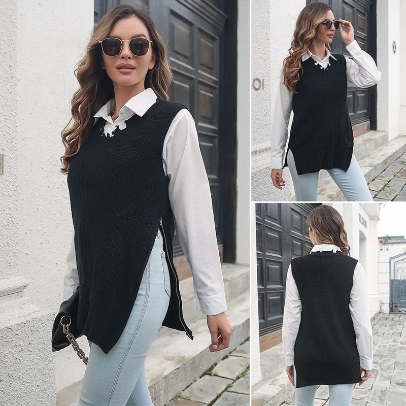 Damen-Weste mit seitlichem Reißverschluss und Schlitz, V-Ausschnitt, Strickpullover, zerlumpte Weste für Damen_voghion.com