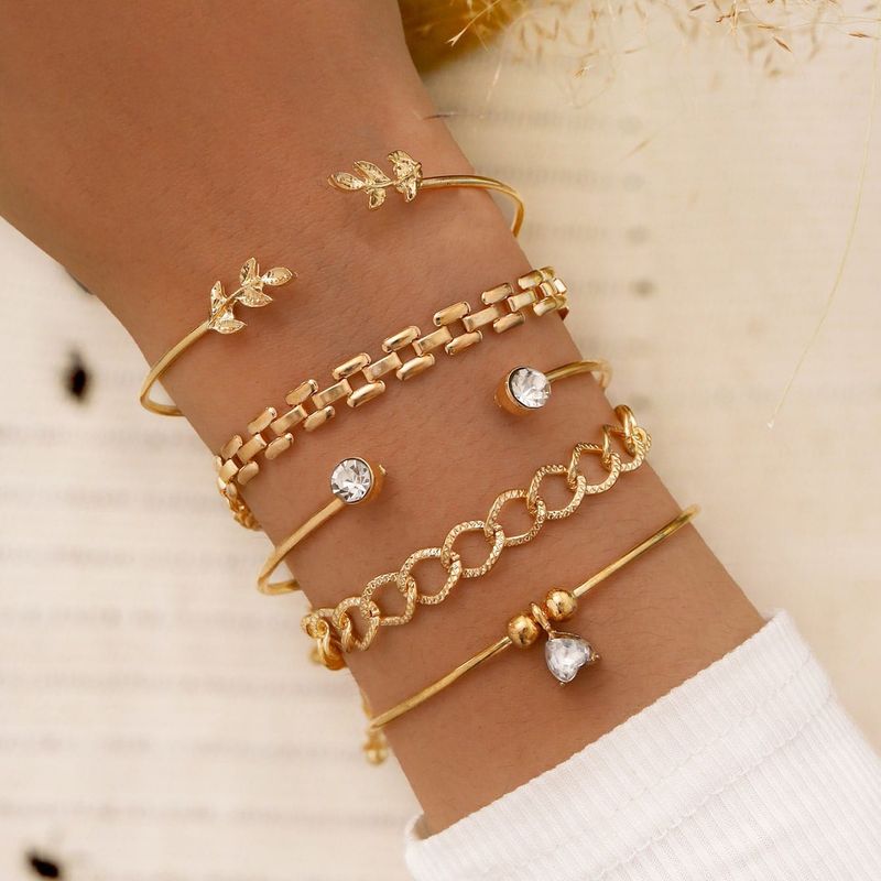 New Geometric Leaf Dot Drill Beaded Heart Rhinestone Open Women's Bracelet Set Of 5_voghion.com