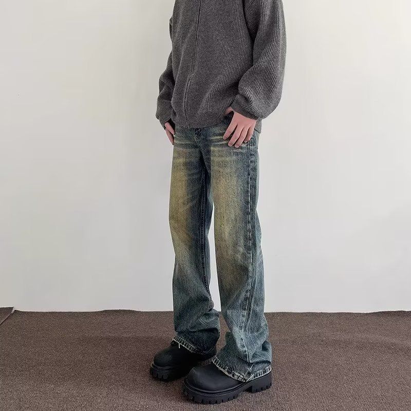 Jeans da strada americani con effetto retrò lavato effetto consumato, pantaloni da uomo dritti svasati slim fit alla moda_voghion.com