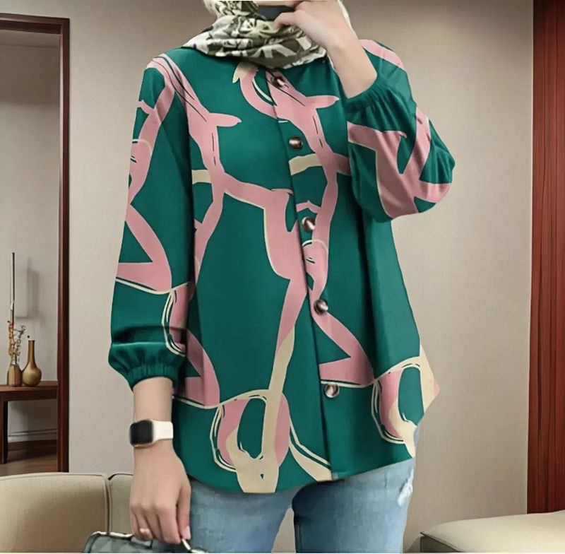 2025 Women's Spring Autumn Puff Long Sleeve Stylish Print Loose Casual Button Blouses Ladies Party Work Tops Muslim Hijab Blusas_voghion.com