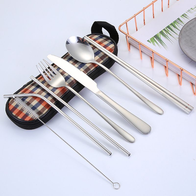 Conjunto de talheres portáteis de viagem 304 para camping, aço inoxidável, canudo, pauzinhos, colher, talheres portáteis, conjunto de 8 peças_voghion.com