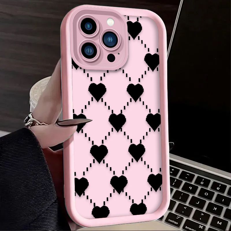 Pixel Love Heart Grid Phone Case For IPhone 16 15 14 13 12 11 Pro Max X XS X S Max XR SE 2020 7 8 Plus Iphone16 Soft Back Cover_voghion.com