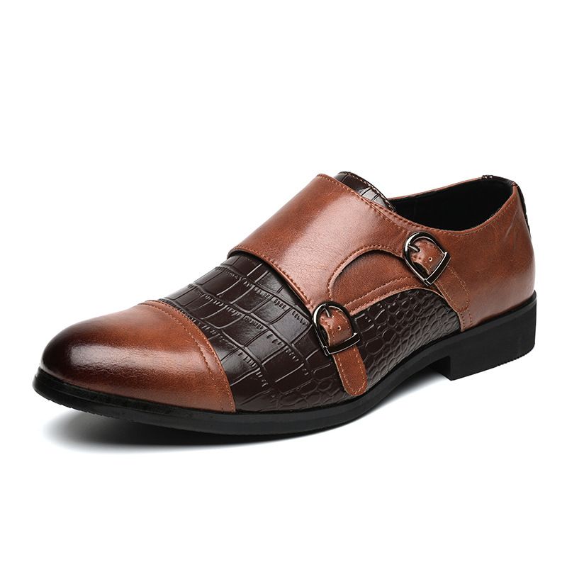 Foreign Trade Double Buckle Large Crocodile Pattern 38-48 Size European And American Trend Slip-On Casual Monk Strap_voghion.com