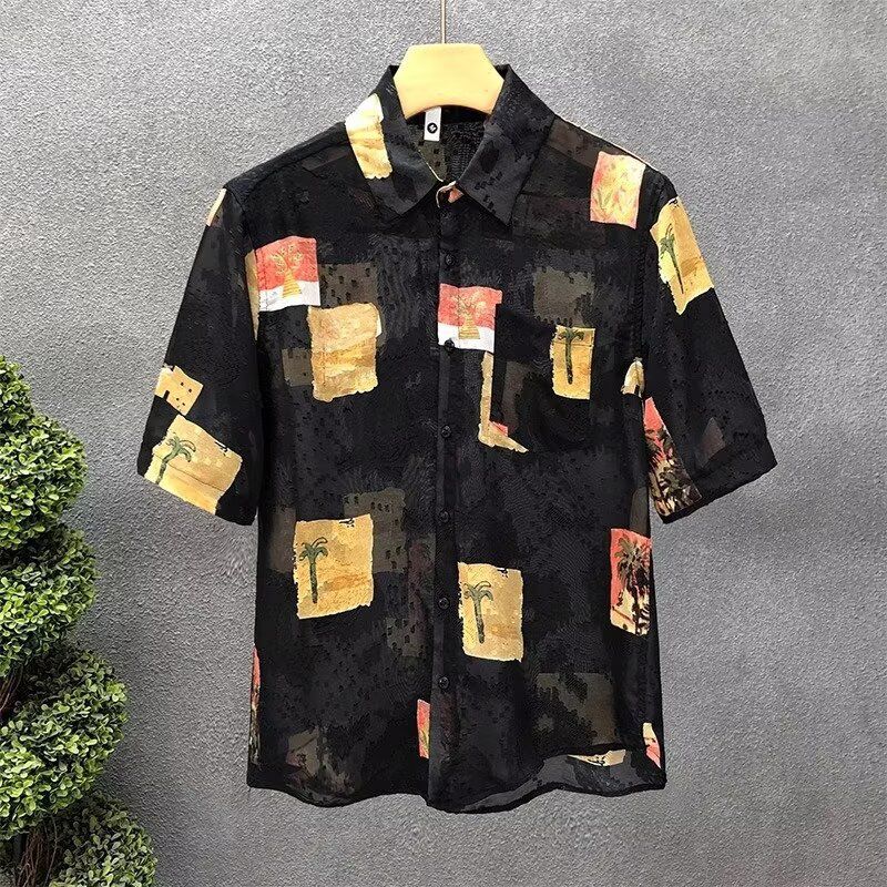 Herrenbekleidung Sommer Dünnes Kurzarmhemd mit fünf Punkten Ärmeln Blumenmuster Herren High-End Lockeres Jacquardhemd Atmungsaktives Eisseide Hübsches Oberteil_voghion.com