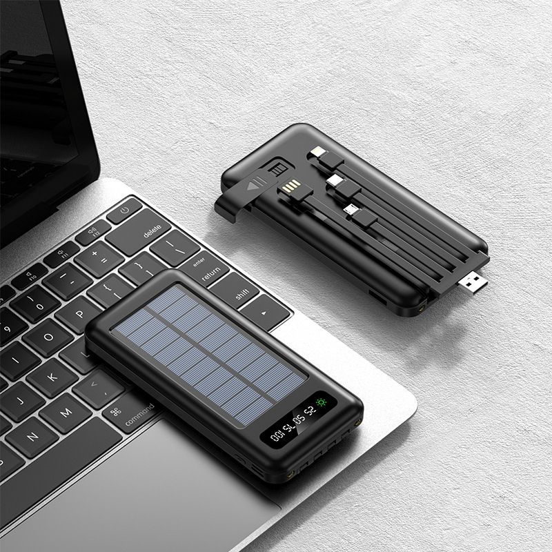 Batterie externe solaire 20 000 mAh avec câble intégré, charge rapide et portable, idéale pour les voyages et les situations d'urgence._voghion.com