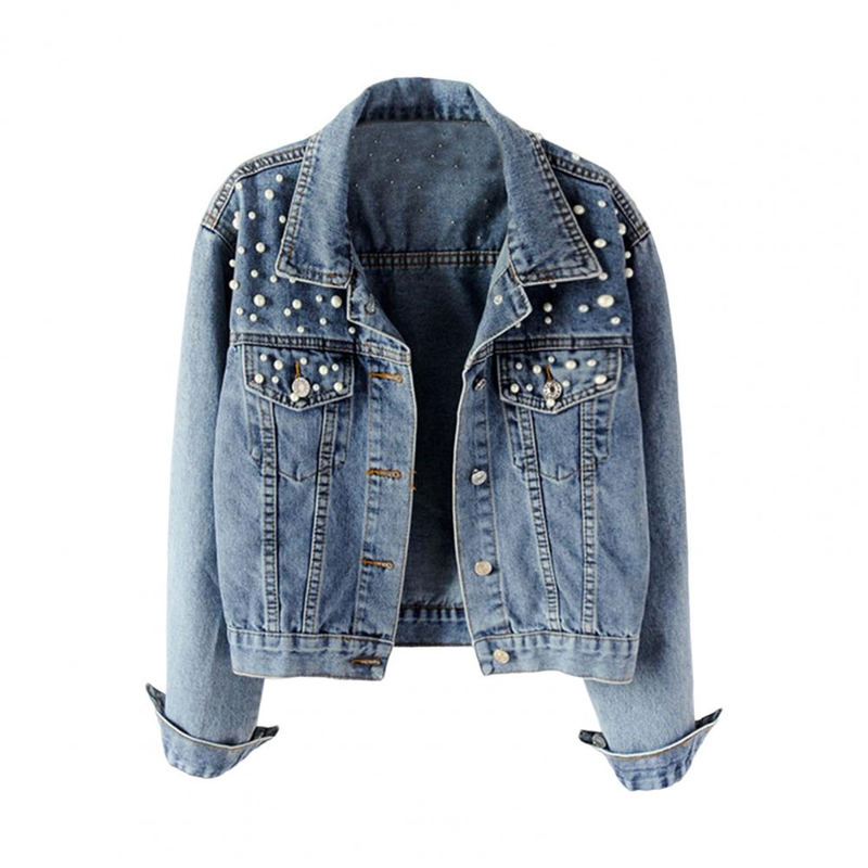 Jeansjacke, einfarbig, einreihig, kurz, mit Thermoperlen, langärmeliger Strickjacke, Kunstperlen, Herbstmantel_voghion.com
