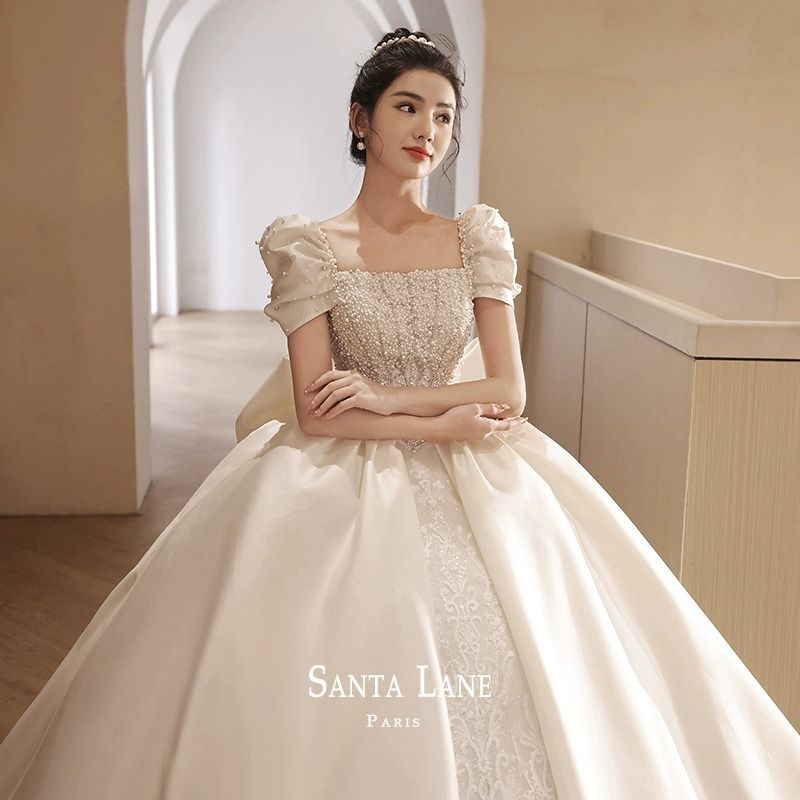 Satin Wedding Dress With Lace Detailing – Empire Waist, A-Line Silhouette, Long Sleeves & Train Options (XS-XXXL) For Petite Brides_voghion.com