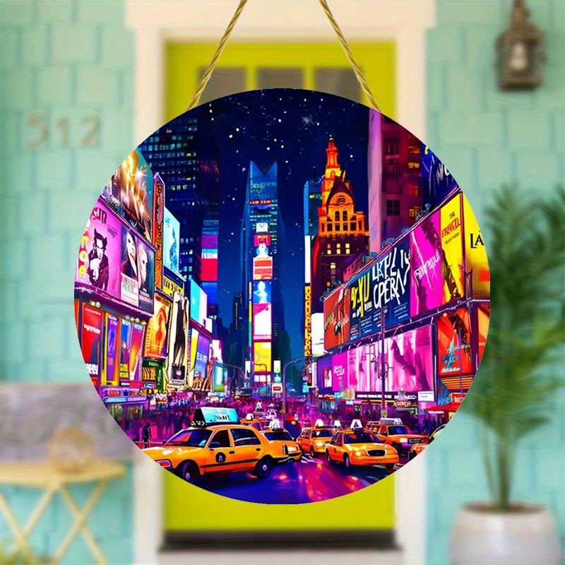 Neon City Night -akryylikyltti - 8" pyöreä ikkunataide. Eloisa juhlakoriste lomille tai tyylikkääksi lahjaksi._voghion.com