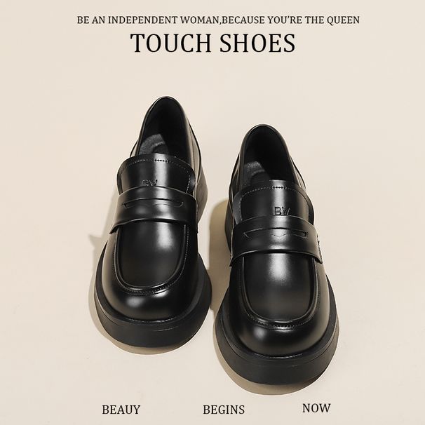 Full Cowhide ~ Platform High Heel Loafers Women 2025 New Round Toe Not Tired Feet Slip-on British Style Small Leather_voghion.com
