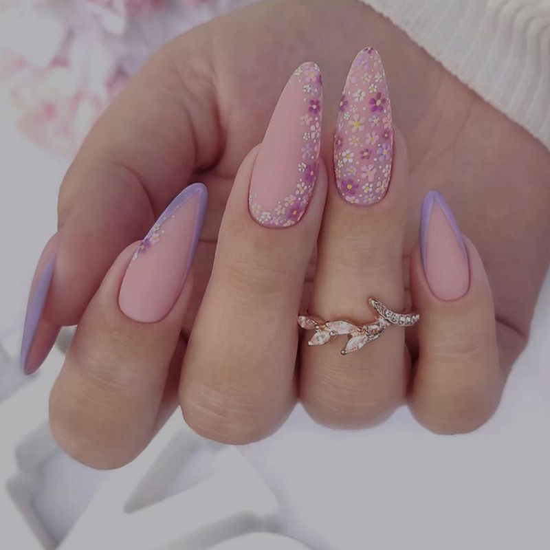 Kleurrijke Frosting 24 stuks amandel nepnagels met lijm Lange ovale nepnagels draagbaar Press on nagels volledige dekking N_voghion.com
