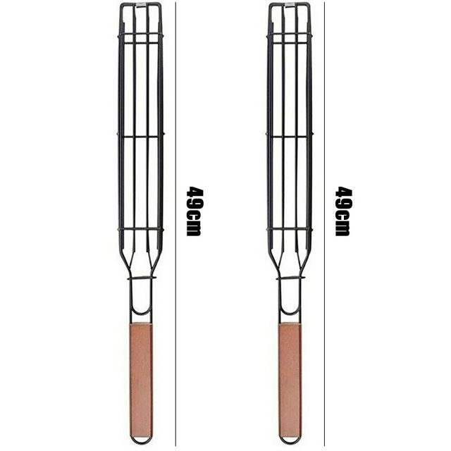 2 db-os grillező kosár, bár alakú vas és fa nyárs, 45 cm-es kosár, kültéri grillező eszközök, hordozható kebab BBQ grillező kosár, BBQ eszközök_voghion.com