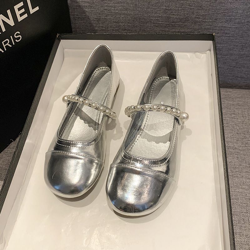 Scarpe Mary Jane in pelle piccola con perle francesi argentate, versatili da donna, primavera e autunno, stile retrò, con fondo piatto e gonna_voghion.com