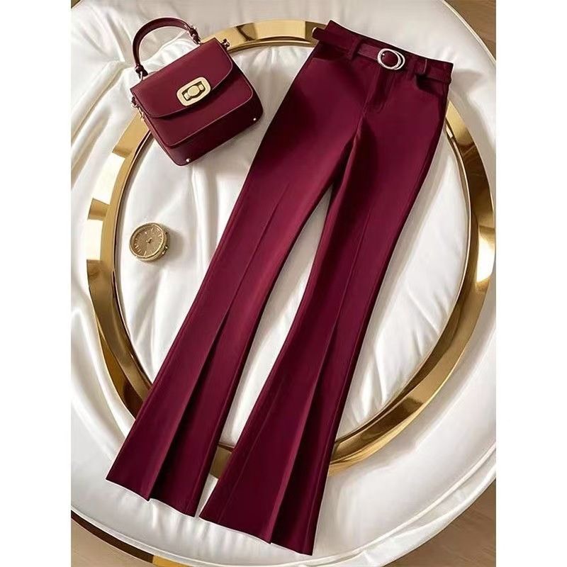 Women's Clothing autumn new style temperament red high waist slim casual pants fashionable light luxury design flared long pants_voghion.com