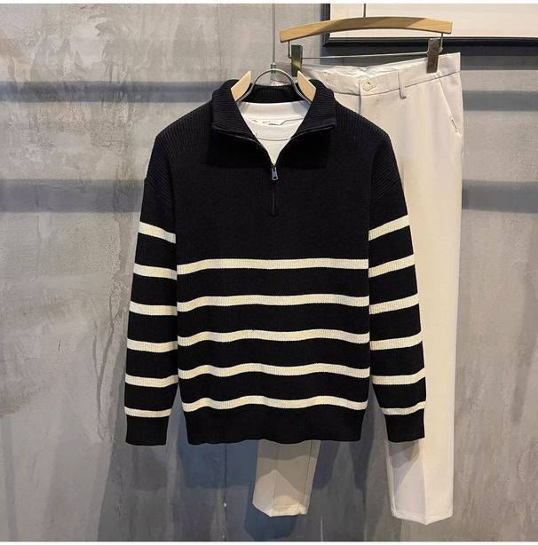 Suéter masculino de malha com meio zíper – Pulôver casual listrado com estilo Hong Kong para outono e inverno (preto, tamanhos M-3XL)_voghion.com