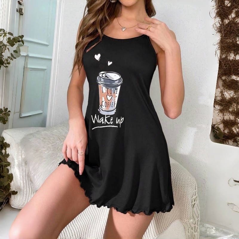 Women's Sleepwears New Nightdress Women's Pajamas Suspender Skirt Printed Milk Tea Cup Pattern Comfortable_voghion.com