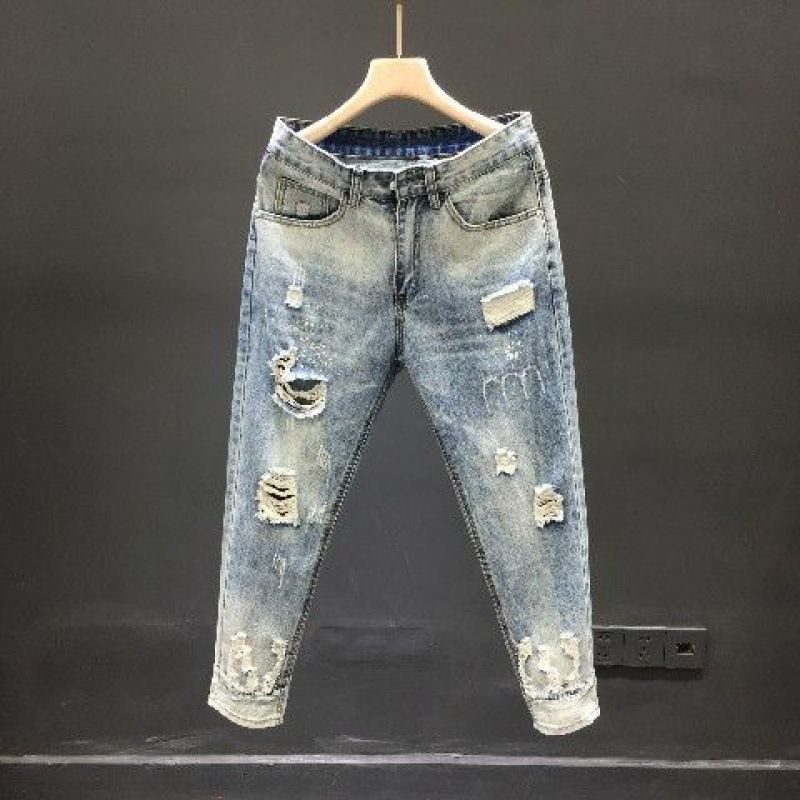 Ripped Jeans Men's Hong Kong Style New Fashion Brand Youth Fashion Nine-point Pants Slim Foot Pants Trendy Beggar Pants_voghion.com