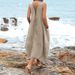 Neues Strand-Freizeitkleid aus Baumwollleinen mit V-Ausschnitt und Tasche_voghion.com