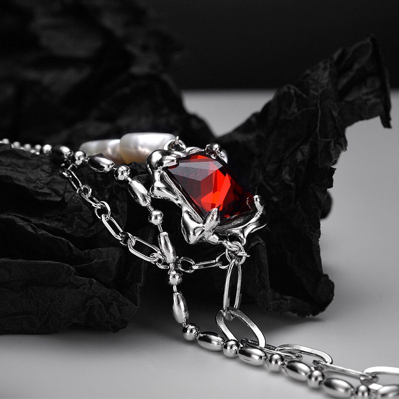 Braccialetto rosso a strati personalizzato S2038 Heavy Craft S in argento puro con perle barocche per donna_voghion.com