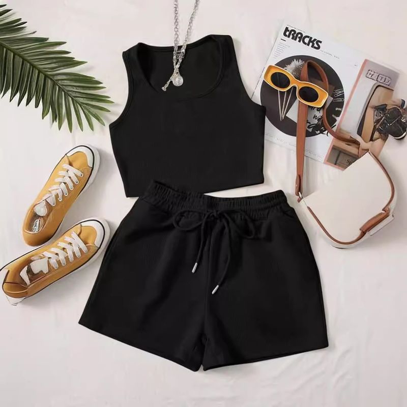 ChicShe Ensemble sport décontracté printemps-été pour femme, style européen et américain, rayé, uni, débardeur court moulant_voghion.com